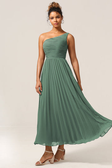 Eucalyptus A Line One Shoulder Ruched Chiffon Bridesmaid Dress